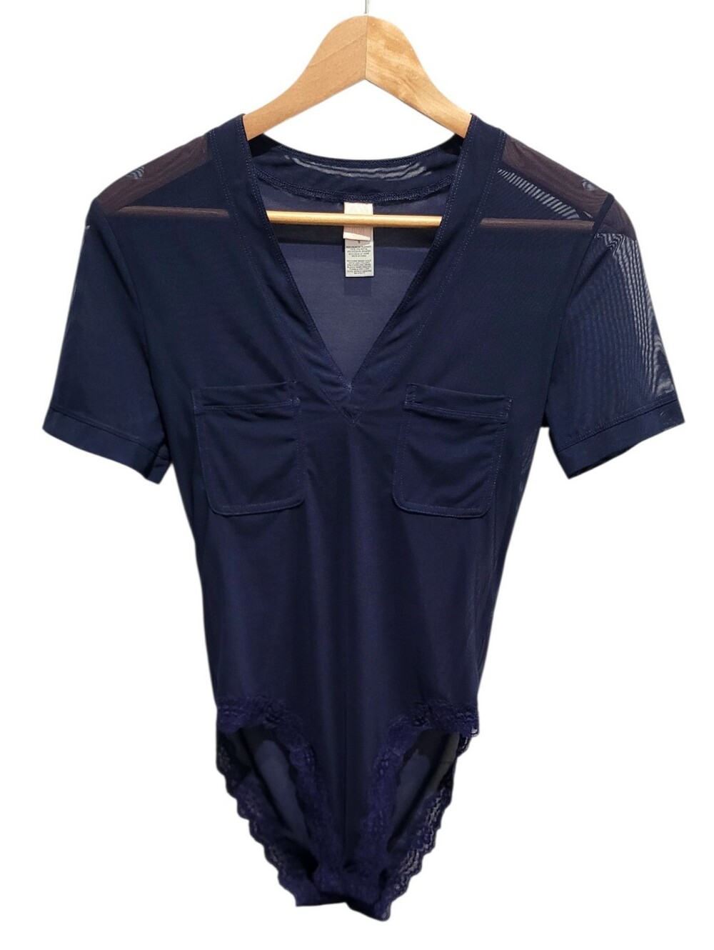 Hot As Hell HAH Navy Blue Sheer V-Neck Bodysuit Lace Trim Small